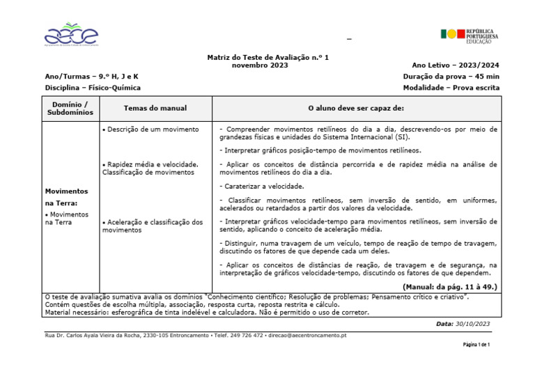 Teste de Físico-Química 9.º Ano 2023 | PDF | Velocidade | Velocidade
