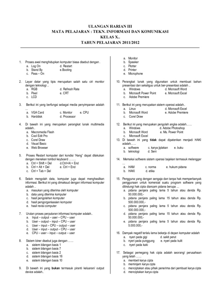 Soal Ulangan Harian 3 Tik Semester 1 Kelas x