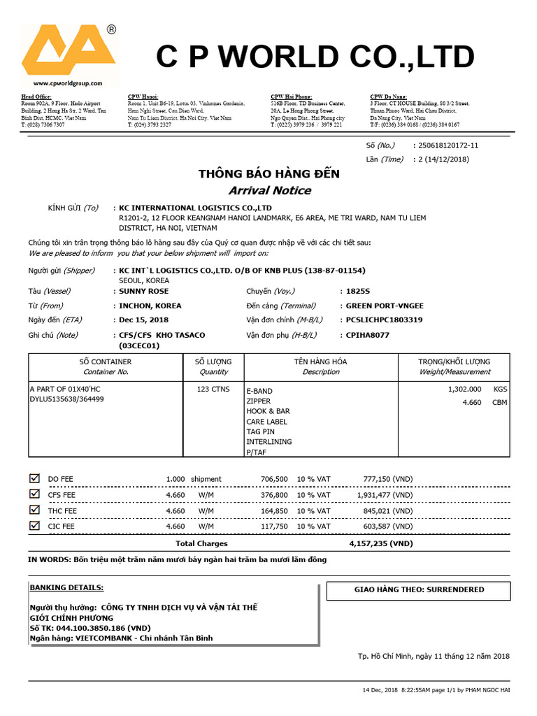 C P World Co.,Ltd: Arrival Notice | PDF