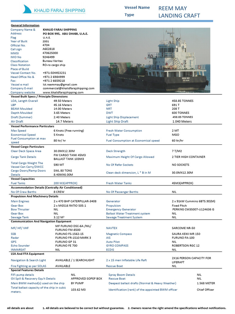 Reem May Landing Craft Specifications | PDF | Ships | Water Transport