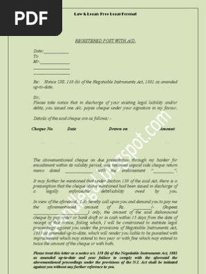 Format Notice Of Cheque Dishonour Negotiable Instrument Cheque
