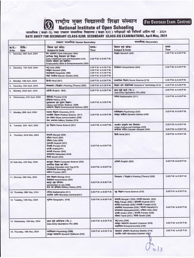 Nios Exam Calender PDF