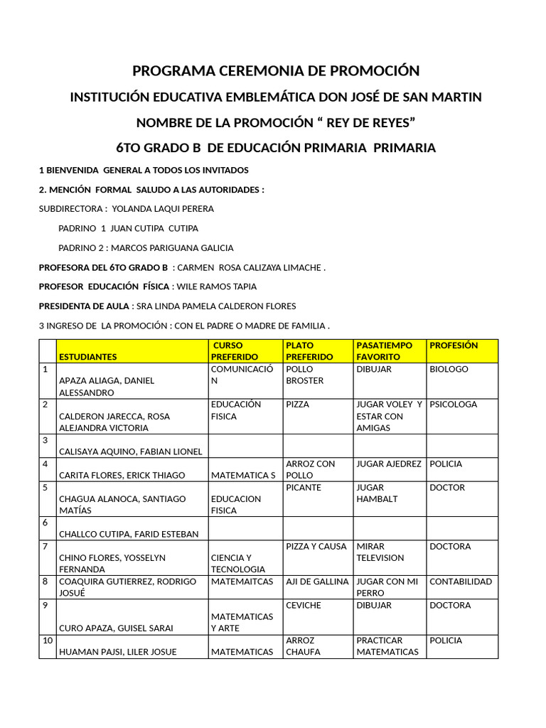 Programa Ceremonia de Promoción | PDF