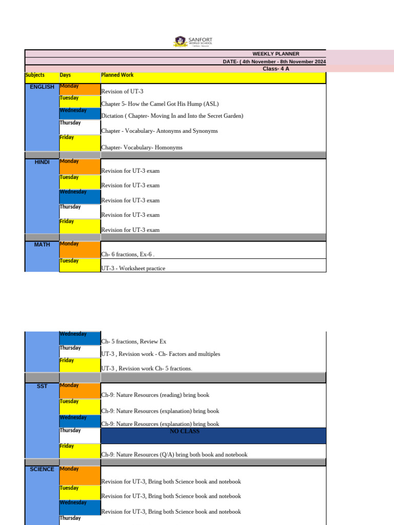 Class 4A Weekly Planner: Nov 4-8, 2024 | PDF