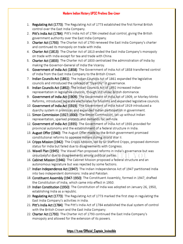 Modern Indian History UPSC Prelims One-Liner | PDF | British Raj ...