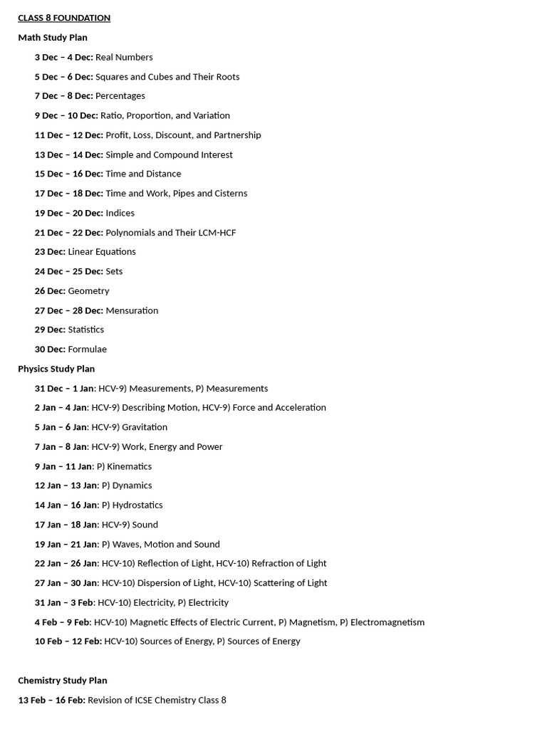 Class 8 Math, Physics, Chemistry Study Plan | PDF | Light | Chemistry