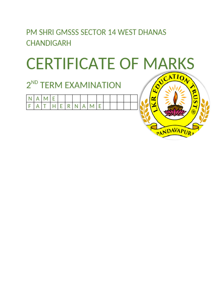 PM SHRI GMSSS Chandigarh Marks Certificate | PDF