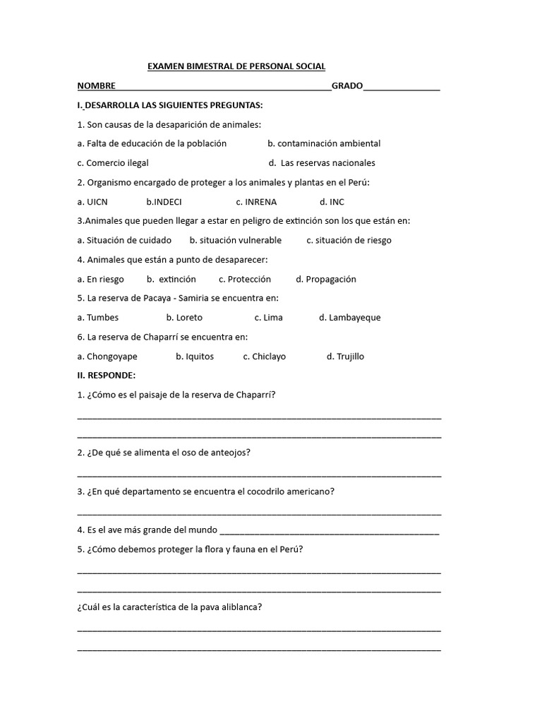 Examen Bimestral de Personal Social | PDF | Perú | América del Sur
