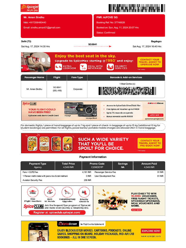 SpiceJet - E-Ticket - PNR - AJFCVE 17 Aug 2024 Delhi-Bagdogra For MR ...