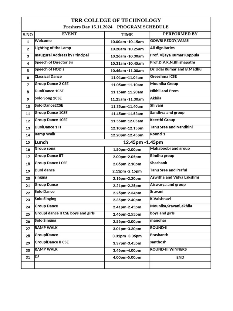 Fresher s program schedule pdf