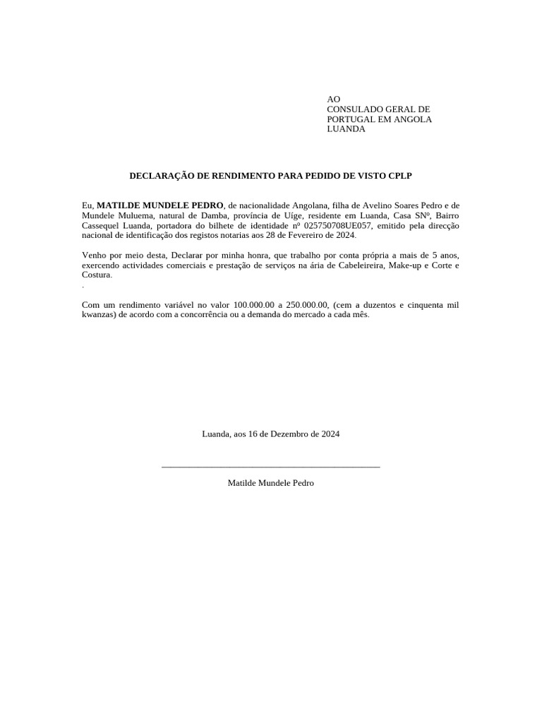 Declaração de Rendimento para Visto CPLP | PDF
