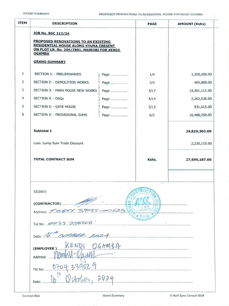 Kendi House Project - Signed BQs Summary Page | PDF
