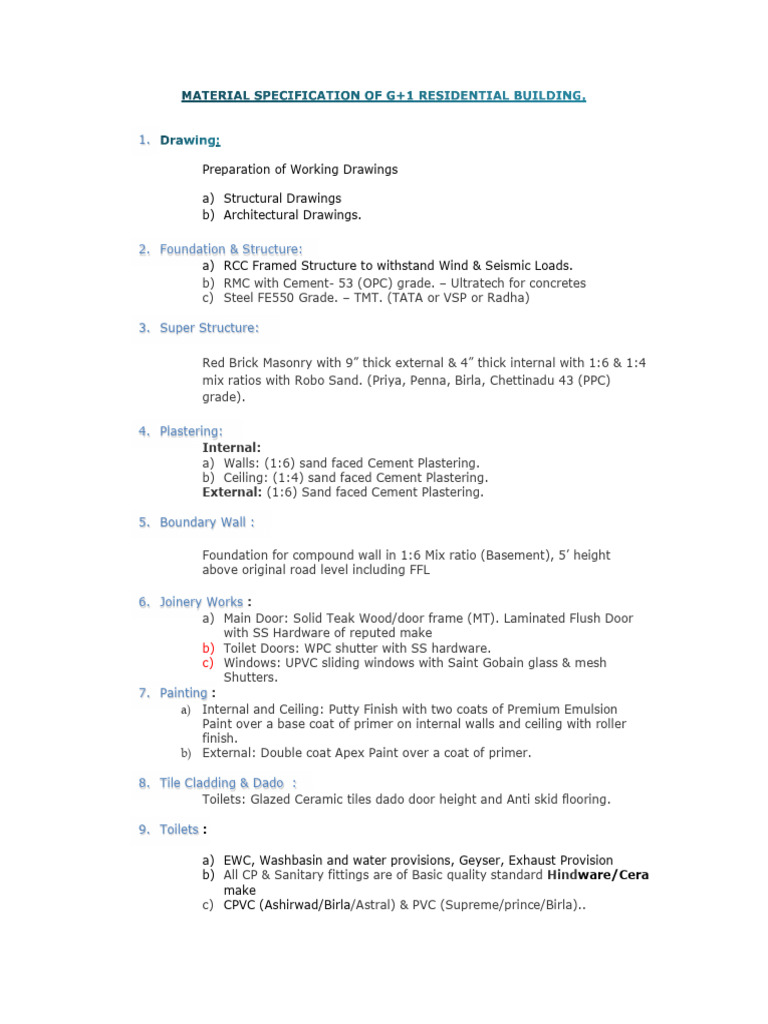 G+1 Building Spec - Kondapur | PDF | Wall | Building Materials