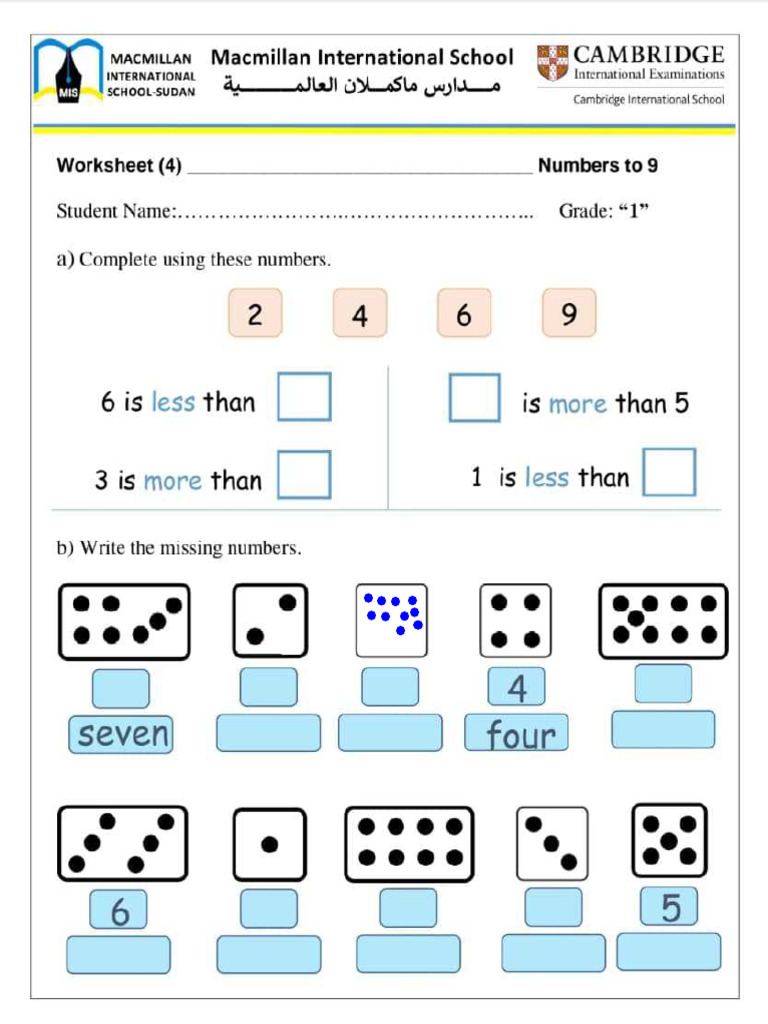 Cambridge Worksheet: Numbers to 9 | PDF