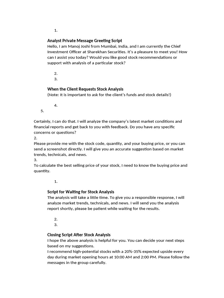 Analyst Private Message Greeting Script | PDF | Stocks | Financial Analyst