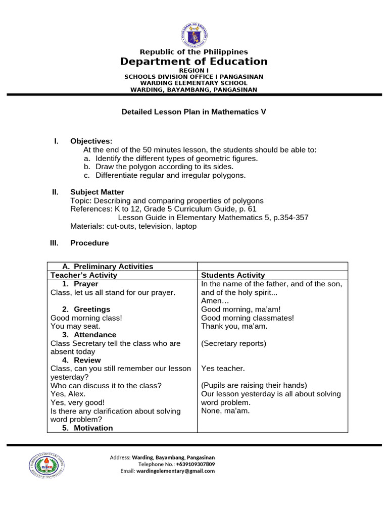 Detailed Lesson Plan in Math V | PDF | Shape | Polygon