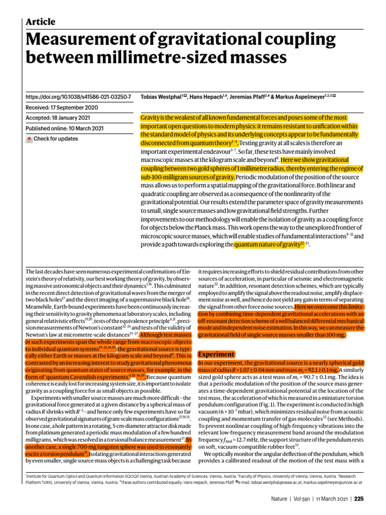 Gravitational Coupling in Millimeter Masses | PDF | Gravity | Force