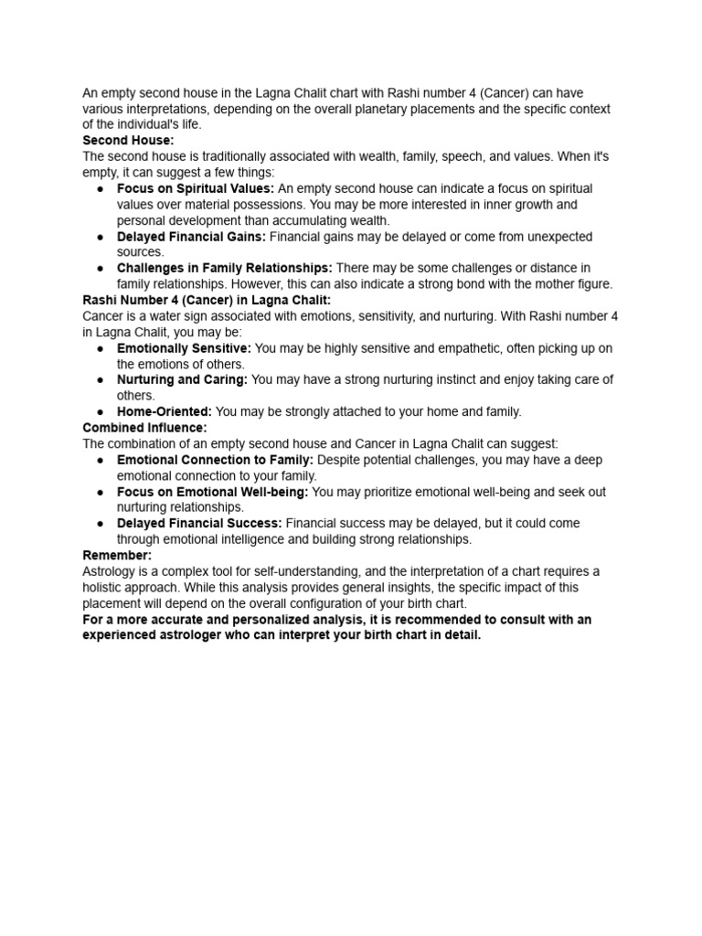 Empty 2nd House with Rashi 4 Insights | PDF