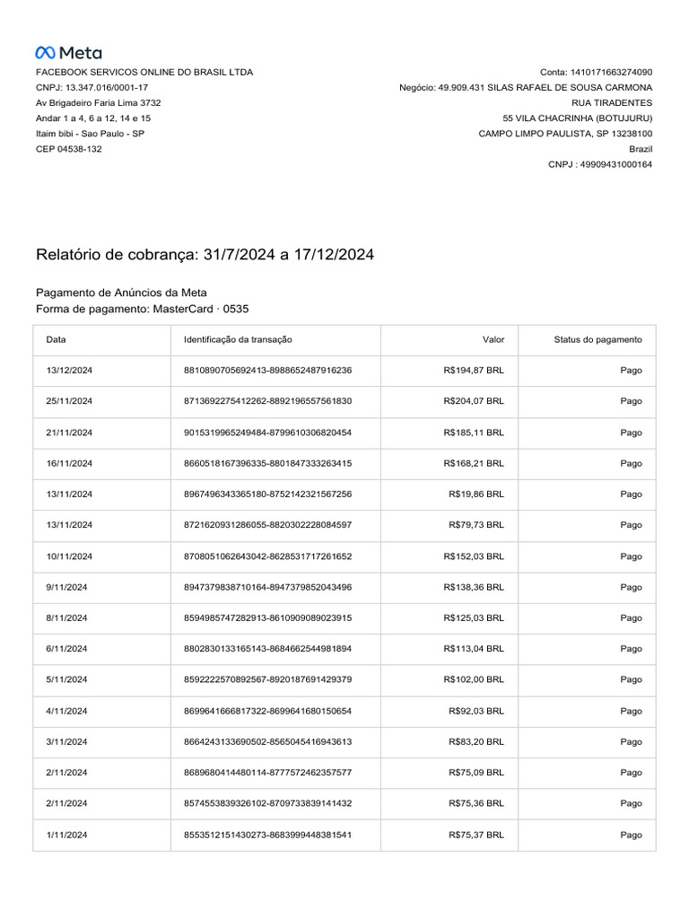 2024-07-31 A 2024-12-17 - Invoice - Summary | PDF | Brazil