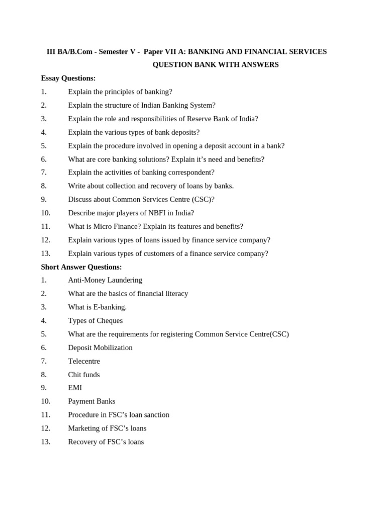 Banking and Financial Services QB With Answers | PDF | Loans | Microfinance