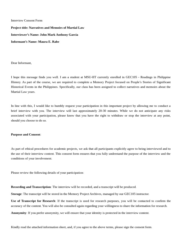 Martial Law Interview Consent Form | PDF | Consent | Justice