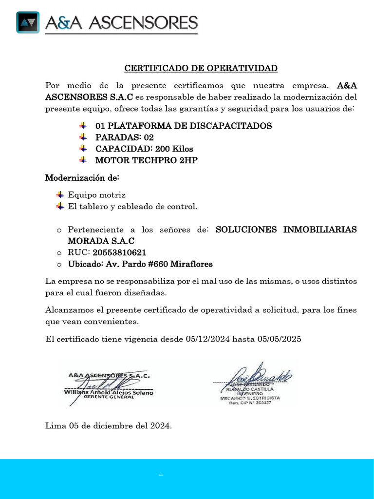 Certificado de Operatividad A&A Ascensores | PDF