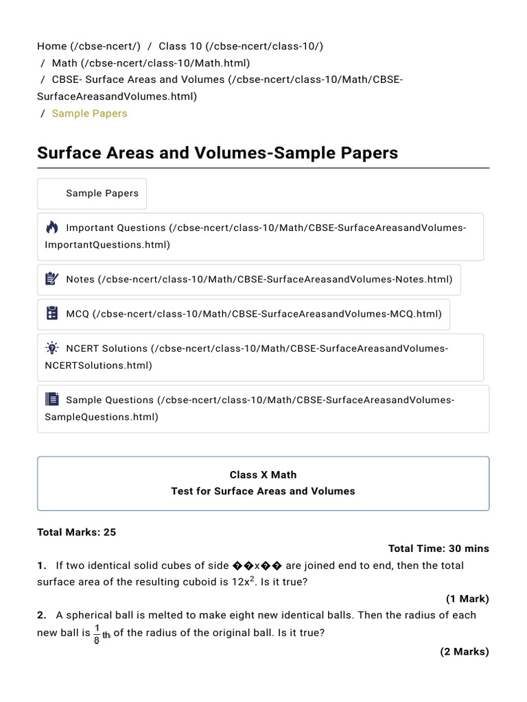 Class 10 Surface Area & Volume Test | PDF | Sphere | Geometry