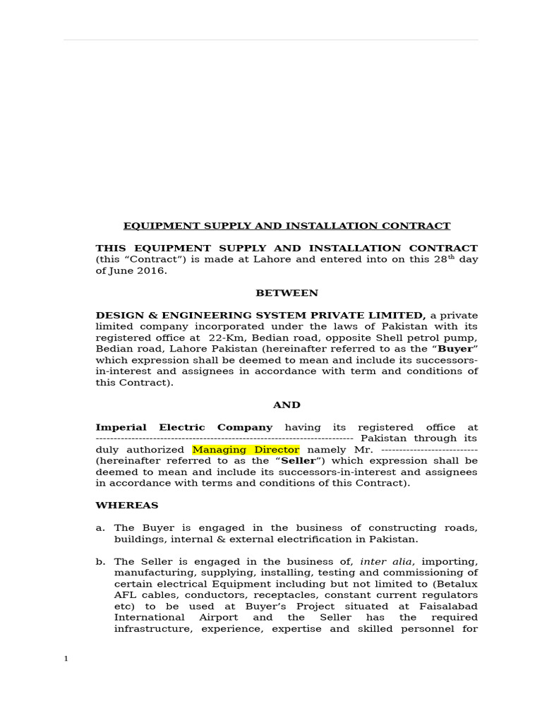 Equipment Supply & Installation Contract | PDF | Breach Of Contract ...