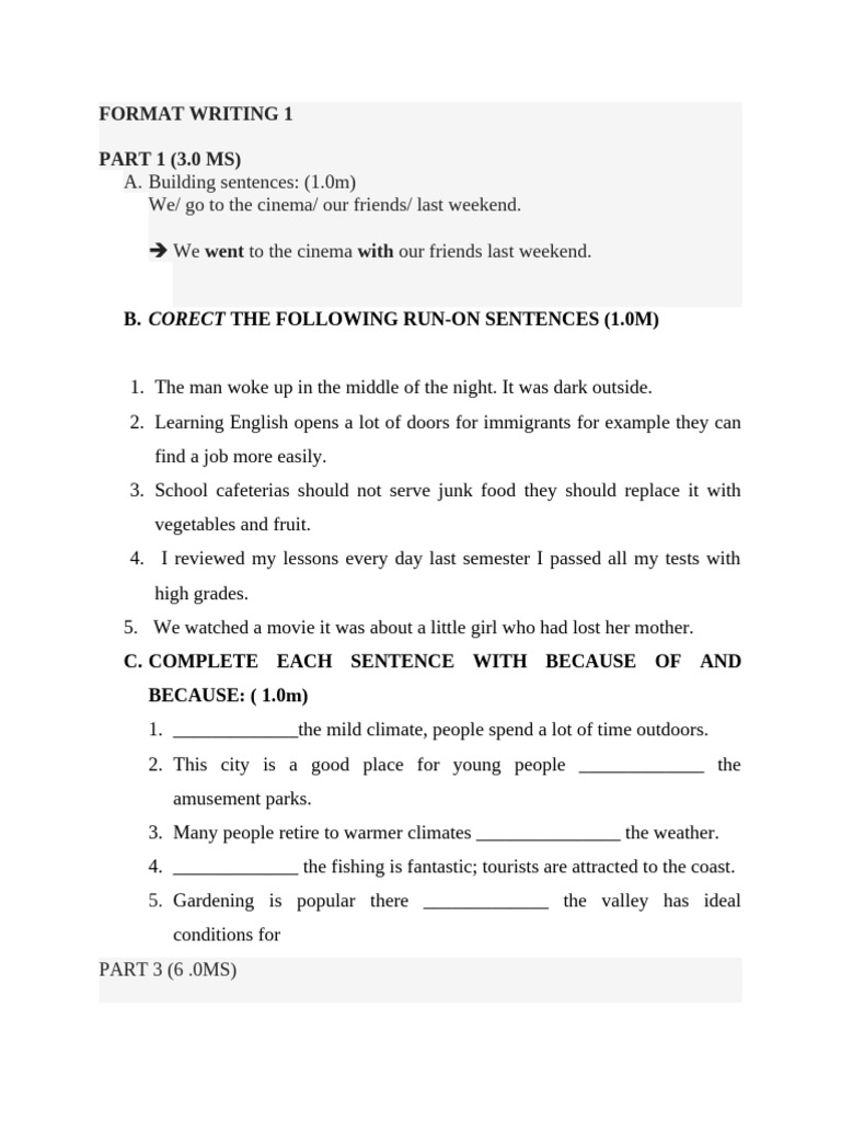 A. Building Sentences: (1.0m) We/ Go To The Cinema/ Our Friends/ Last ...