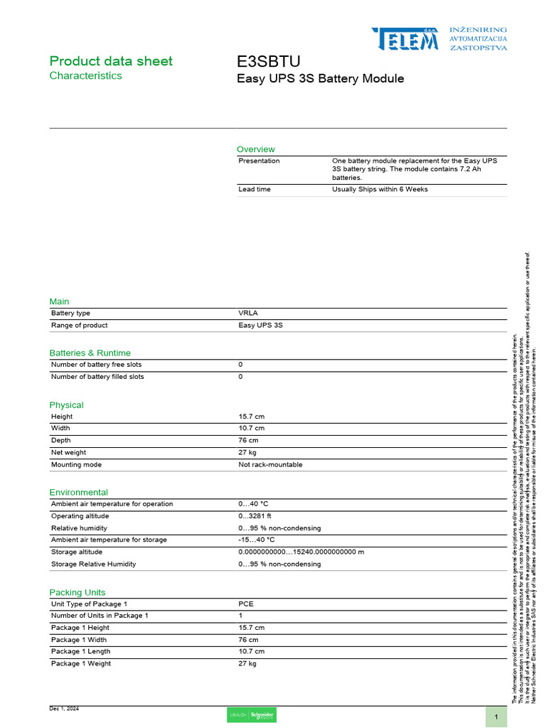 Easy UPS 3S Battery Module Data Sheet PDF