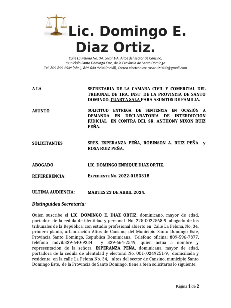 Solicitud de Sentencia de Interdicción | PDF | República Dominicana ...