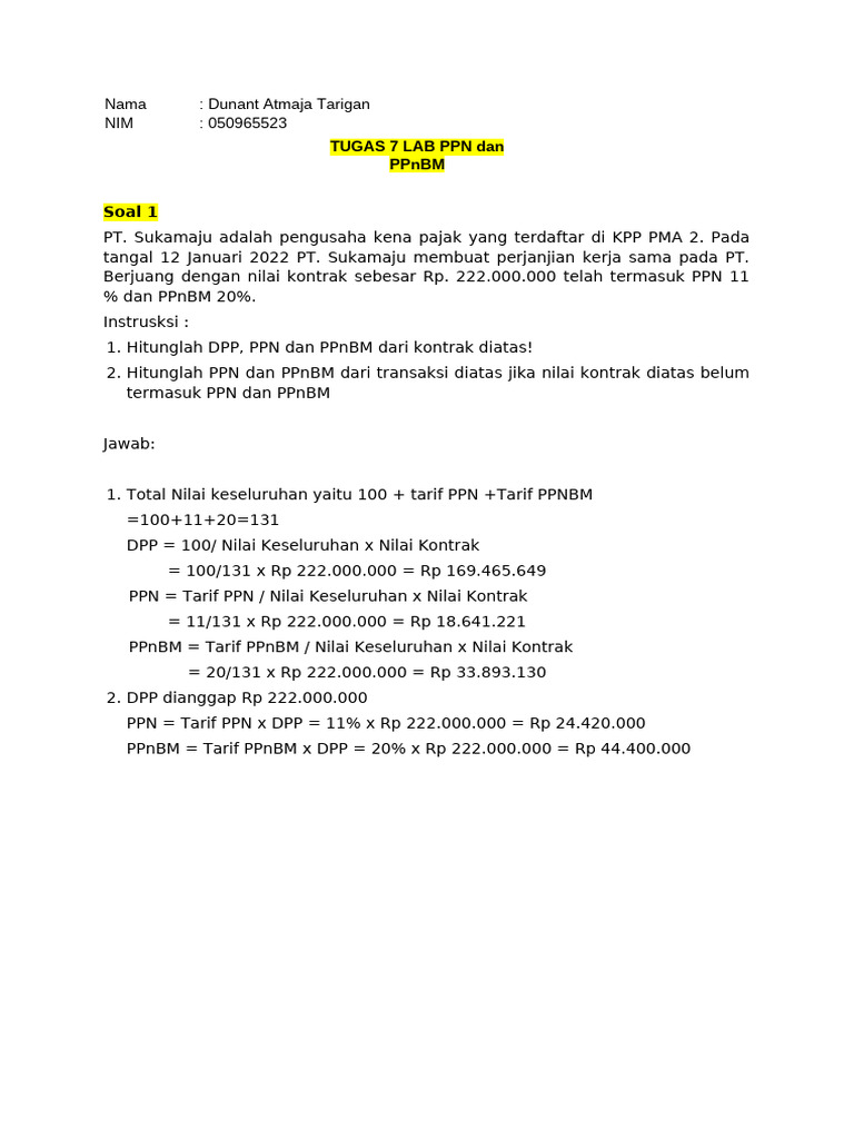 Tugas 7 - Lab PPN Dan PPNBM - Dunant Atmaja Tarigan - 050965523 | PDF