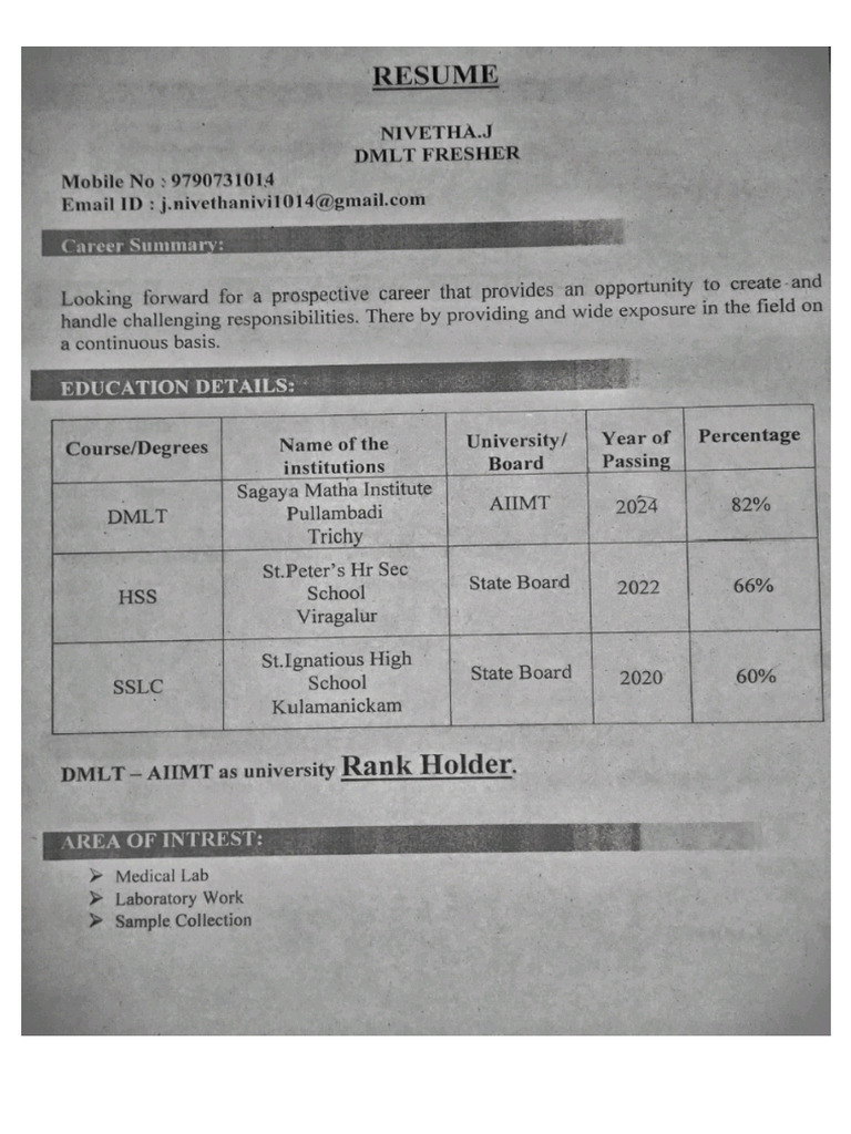 Nivetha J (DMLT) | PDF