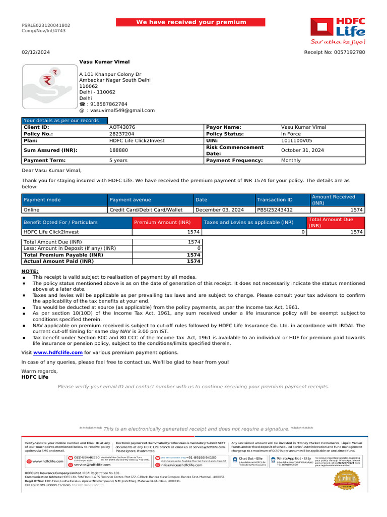 Premium Receipts | PDF | Life Insurance | Insurance