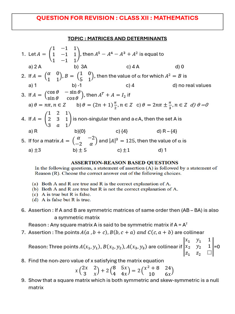 Revision Questions - Matrices and Determinantsxii Maths | PDF | Matrix ...