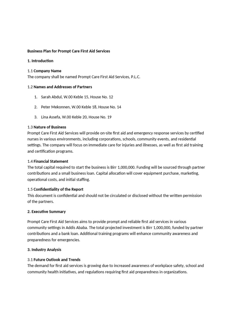 Business Plan For Prompt Care First Aid Services | PDF | First Aid ...