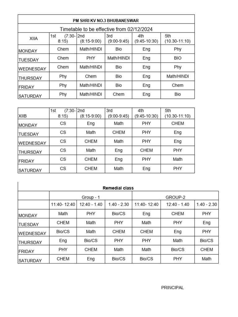 Time table class xii k v 2 pdf