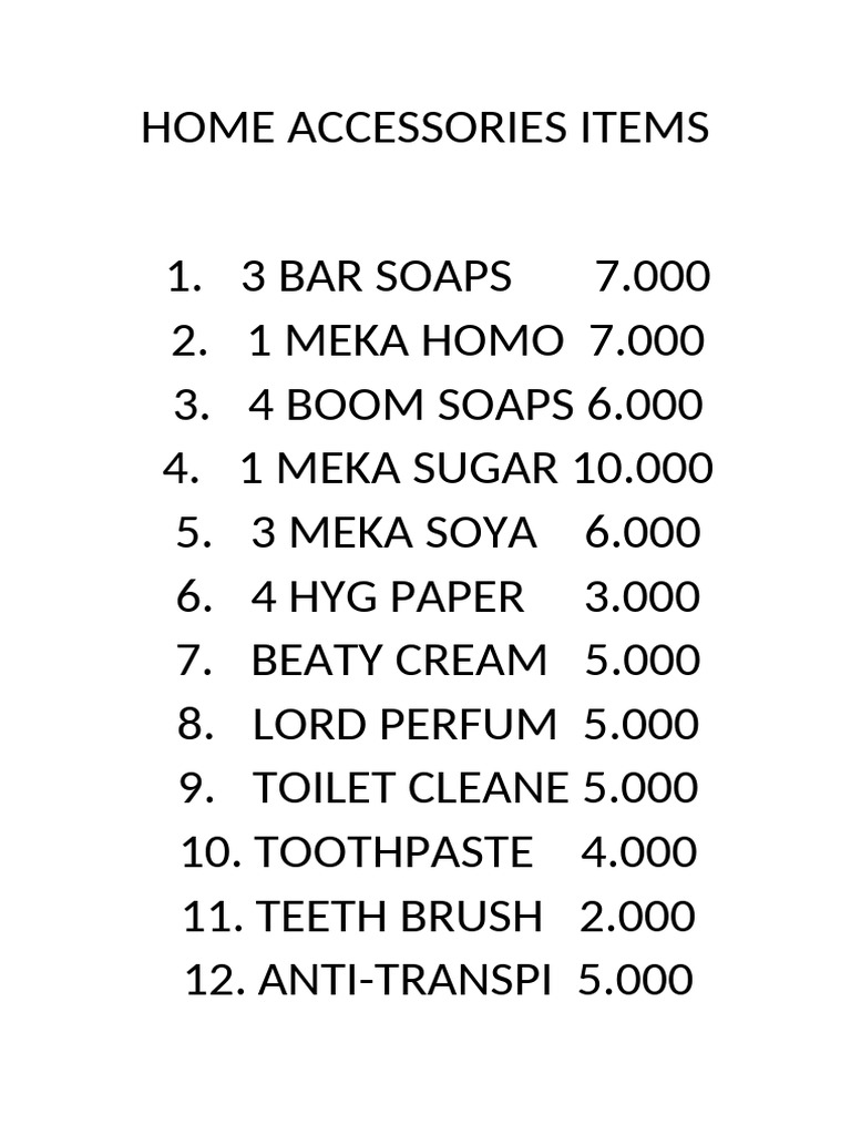 Home Accessories Inventory List | PDF