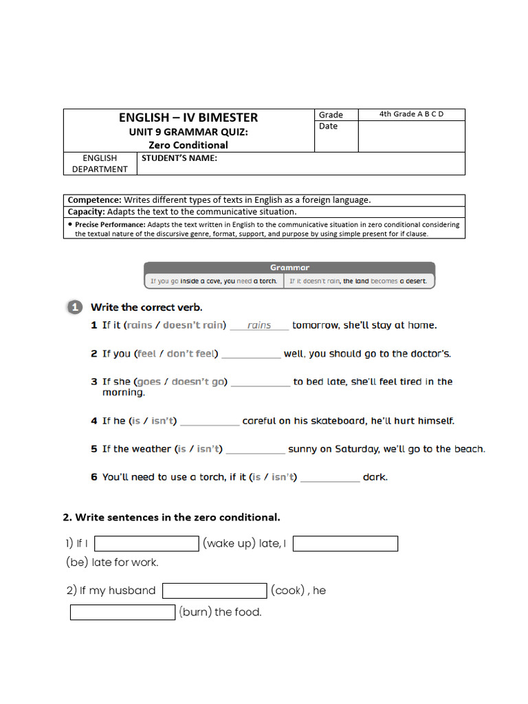 Zero Conditional Grammar Quiz for 4th Grade | PDF