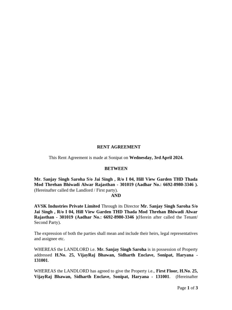 Rent Agreement Avsk Industries PVT | PDF | Leasehold Estate | Lease