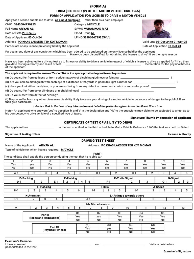 Ariyan Ali .Form A | PDF