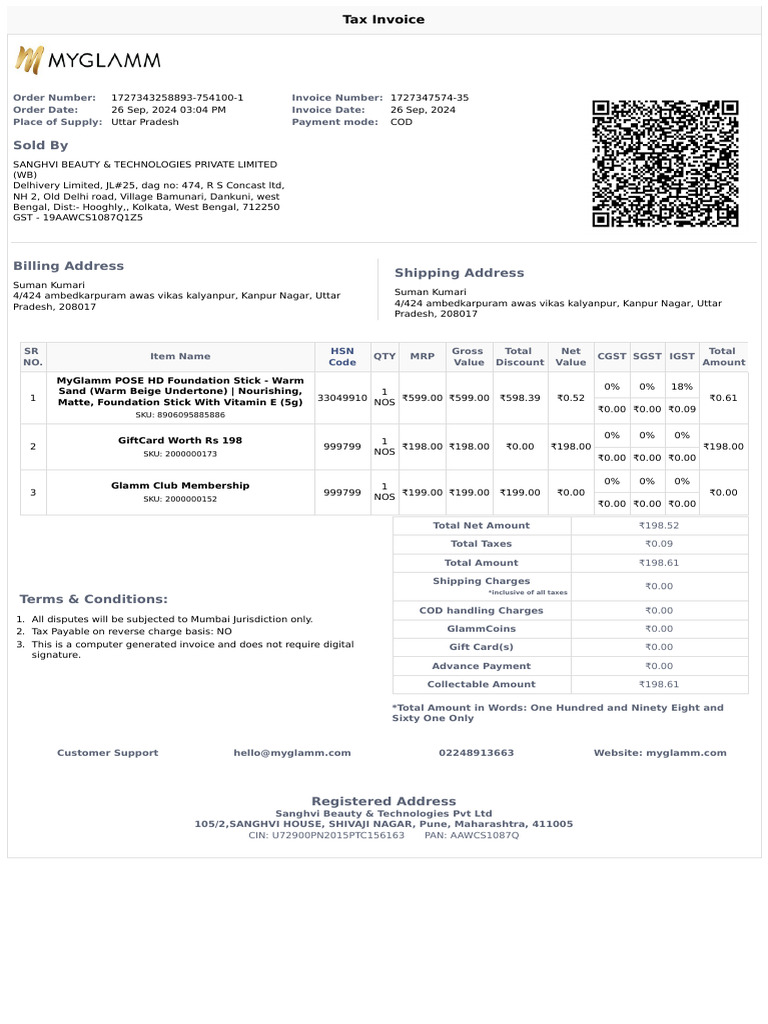Customer Invoice for MyGlamm Purchase | PDF | Taxes | Economy Of India