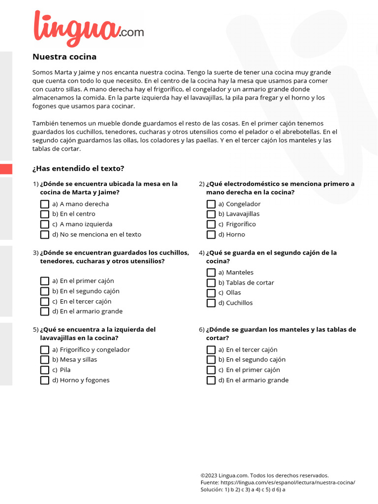 Test de Comprensión: Nuestra Cocina | PDF | Equipo | Inicio