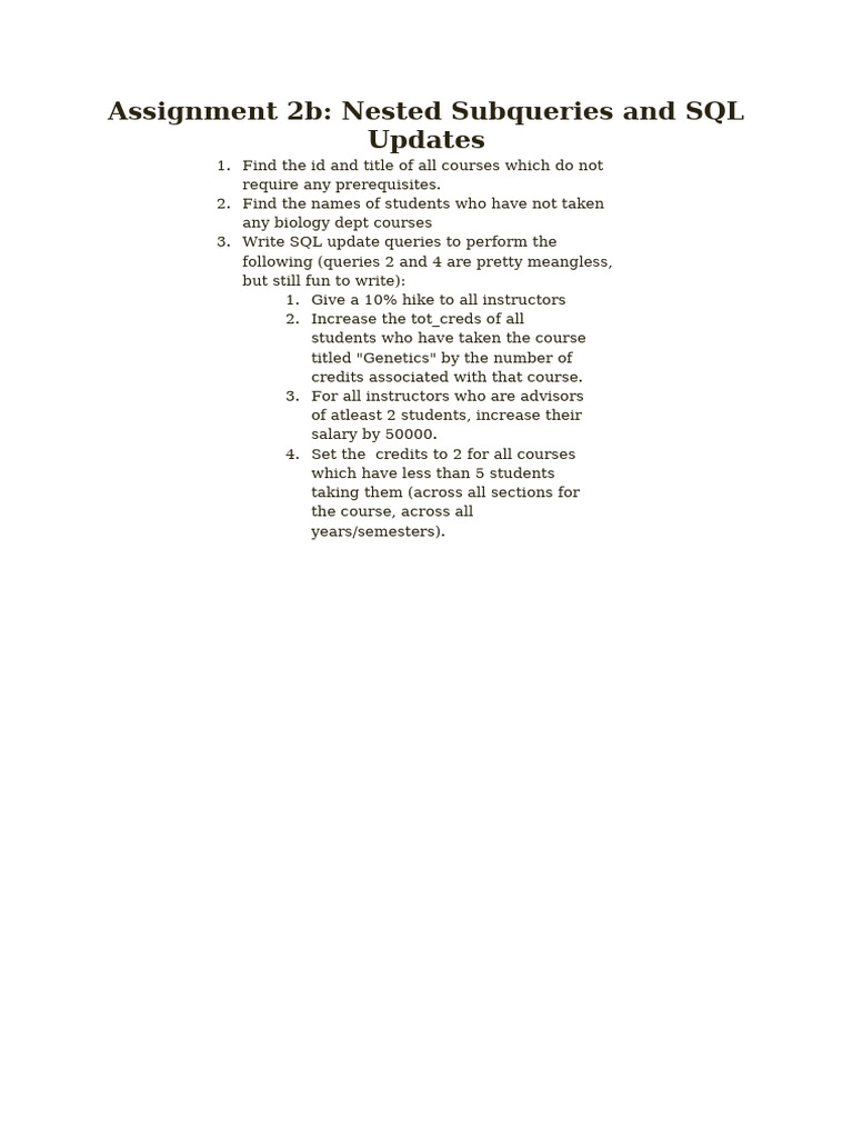 Assignment 2b Nested Subqueries and SQL Updates | PDF
