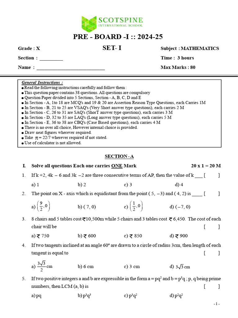 X - CBSE - Mathematics Pre - Board Paper (Set - I) | PDF | Elementary ...