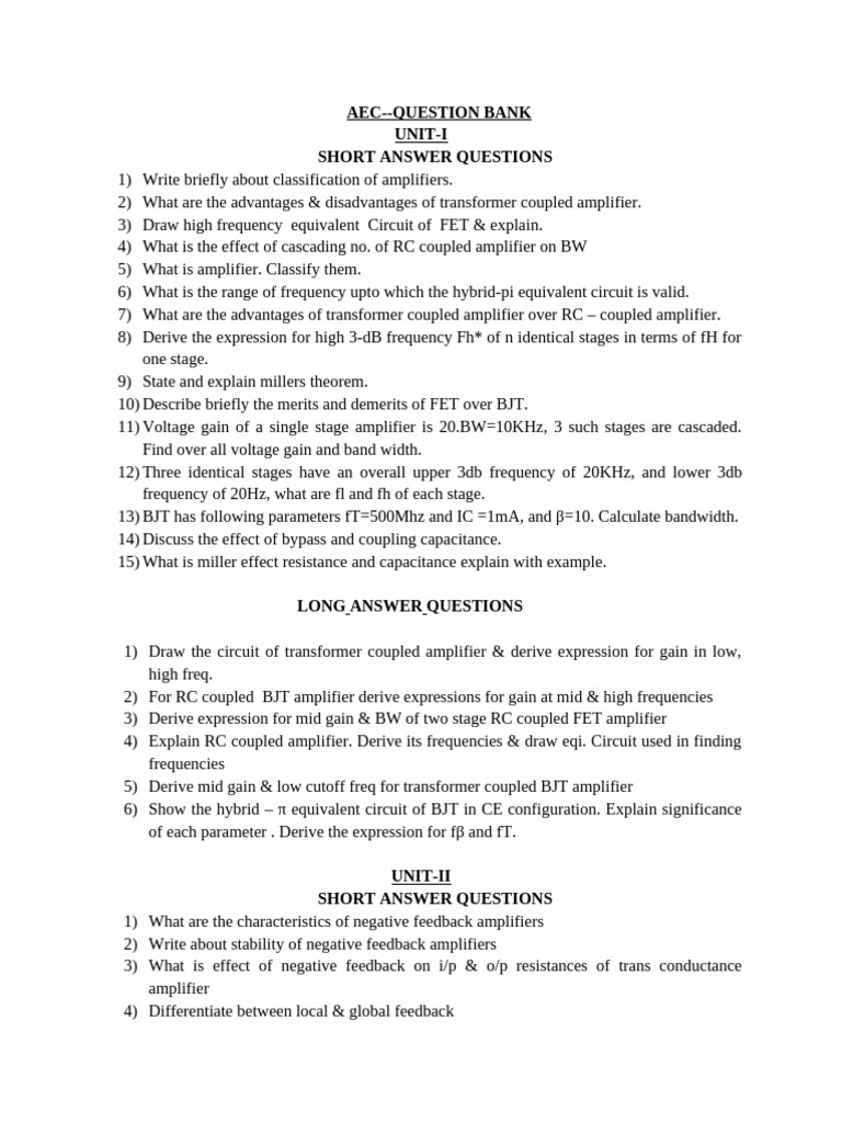 AEC Question Bank: Amplifiers & Feedback | PDF | Amplifier | Electronic ...