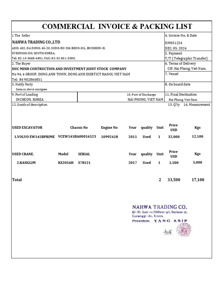 Commercial Invoice for Used Excavators | PDF | Business Law | Private Law
