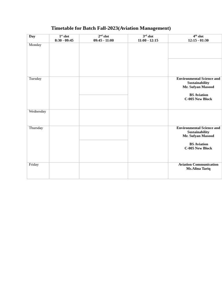 Fall 2023 Aviation Management Timetable | PDF