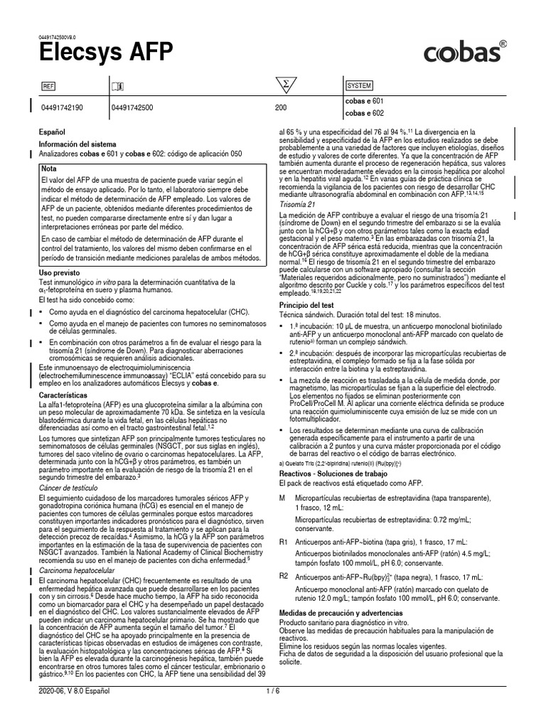 Test AFP en Analizadores Cobas e 601/602 | PDF | Calibración | Síndrome ...