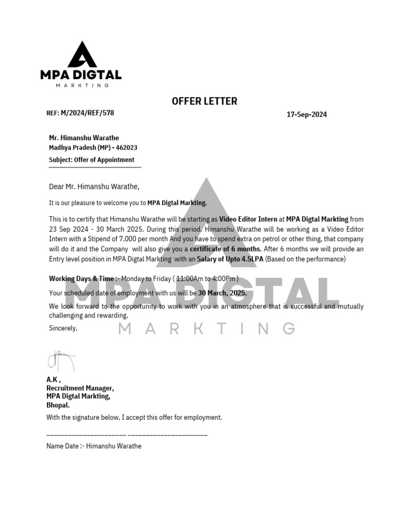 MPA Digital Marketing Internship Offer | PDF